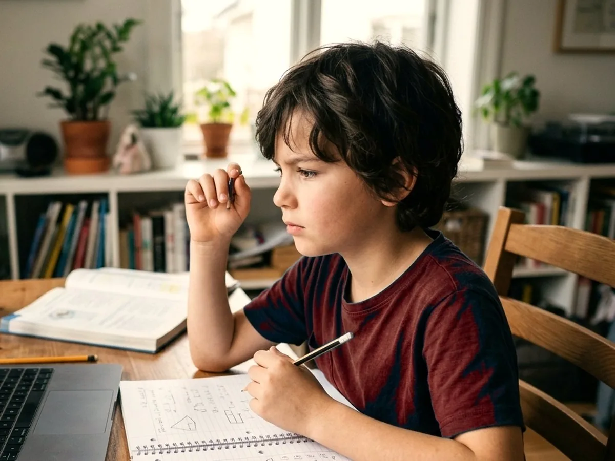 Avatar student with headphones writing out a math problem during an online class