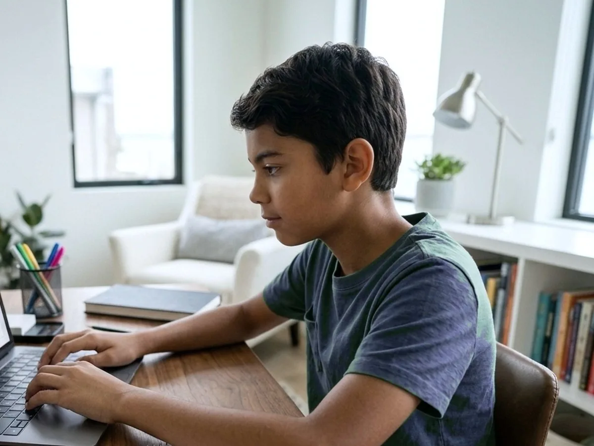 Boy with headphones smiling in front of a monitor during an online coding class