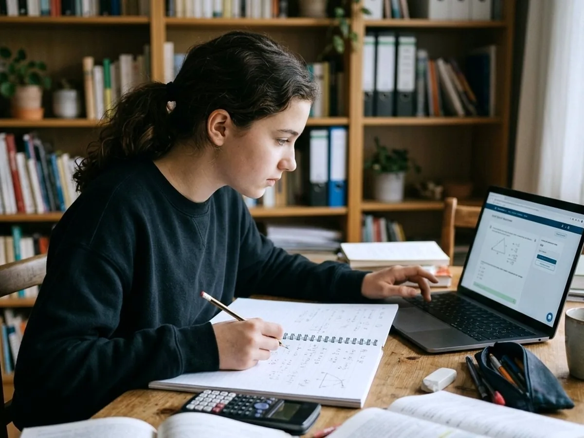 Student writing in a notebook while following an online math class on her laptop
