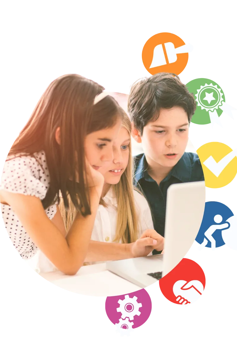 Three children working together at a laptop, surrounded by badge and teamwork icons