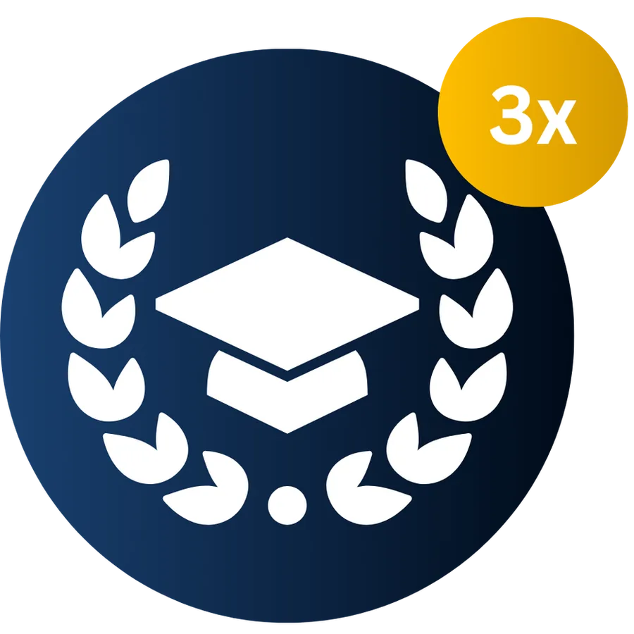 Graduation cap inside a laurel wreath with a 3x badge